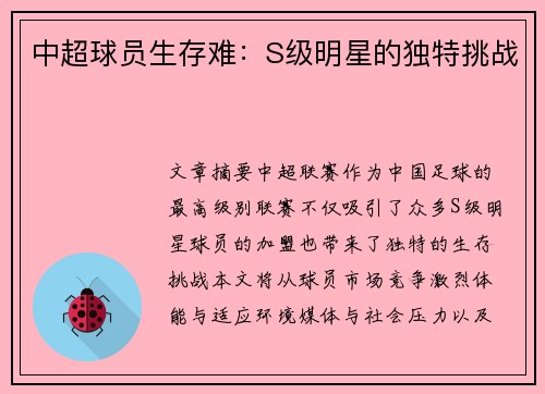 中超球员生存难：S级明星的独特挑战